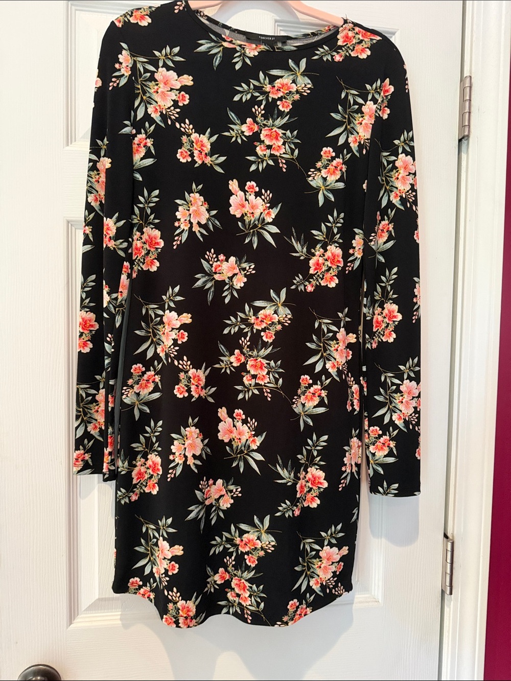 Forever 21 Black Long-Sleeve Floral Shift Dress with Pink Blossoms